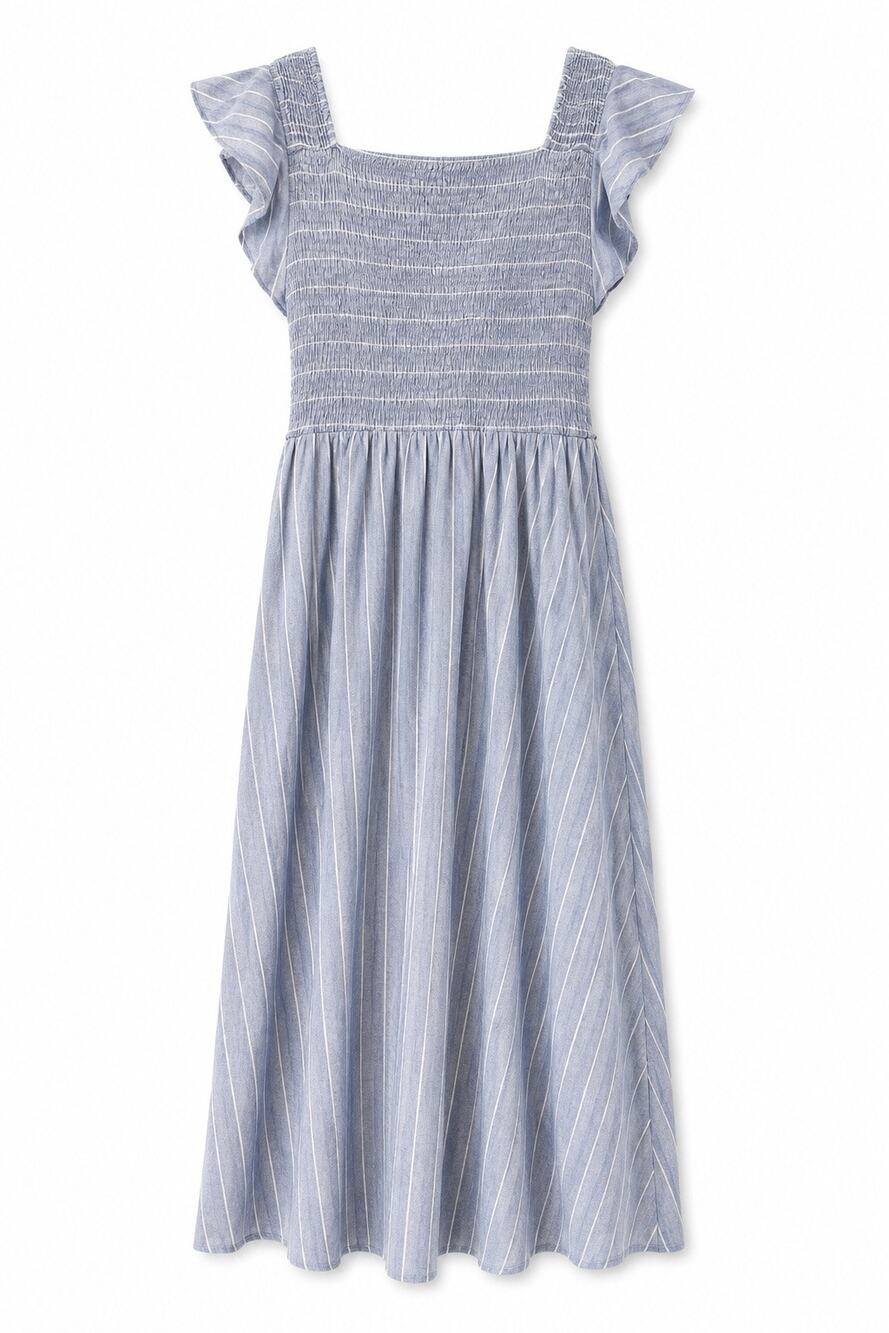 HL Affair Blue Striped Smocked Cotton Linen Midi Dress Size L